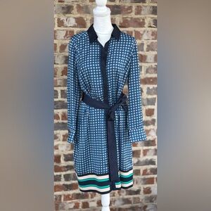 🦋Ann Taylor Navy Printed Long Sleeve Shirt Dress with Striped Hem